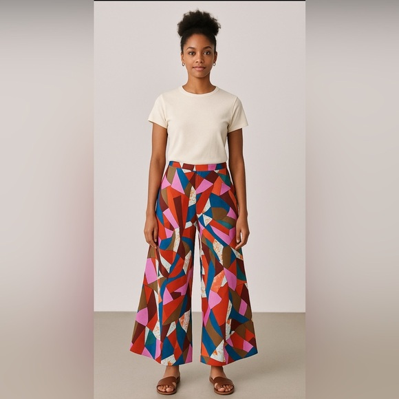 SPOON Jeans Wide Leg Palazzo Pants 1X Multicolor Geometric Print Viscose Boho - Picture 1 of 6